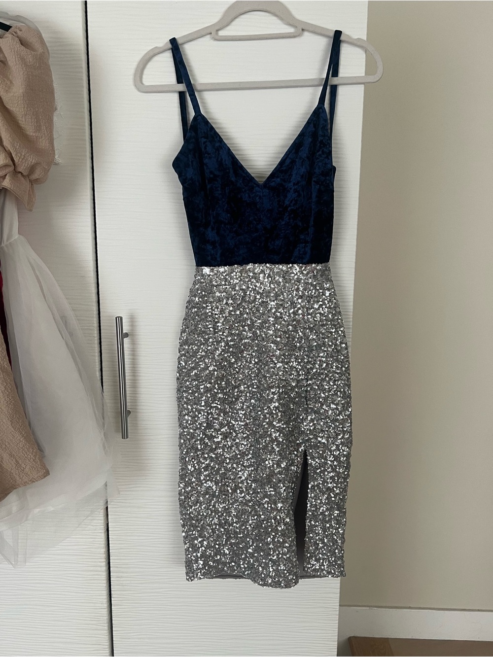 Navy Velvet & Silver Sequin Split Sheath Dress
